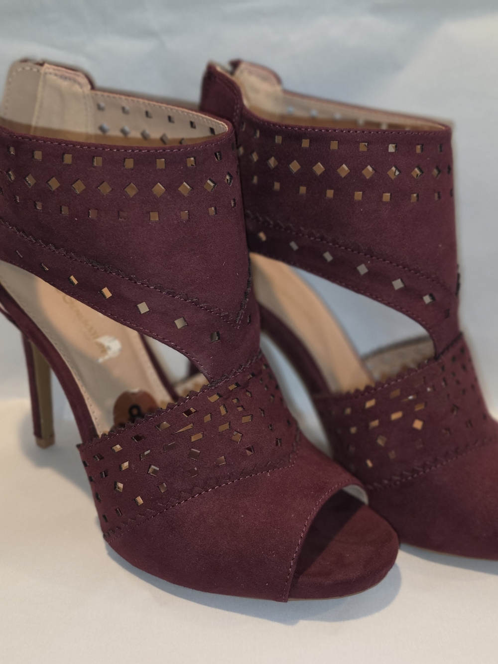 BCBGeneration Burgundy Laser-Cut Open-Toe Stiletto Heels